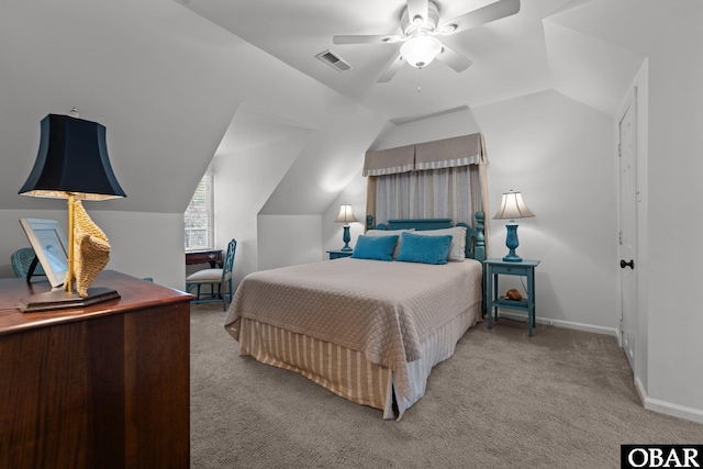 carpeted bedroom with visible vents, baseboards, a ceiling fan, and vaulted ceiling