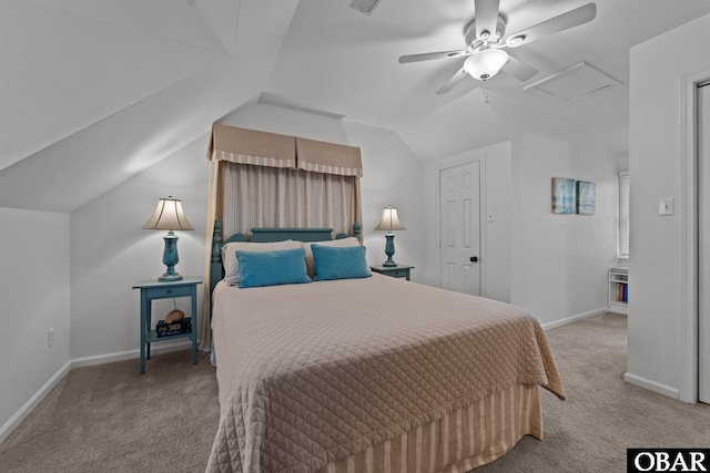 bedroom with baseboards, carpet, attic access, and vaulted ceiling