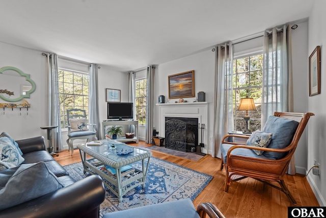 living room with a fireplace with flush hearth, wood finished floors, and baseboards