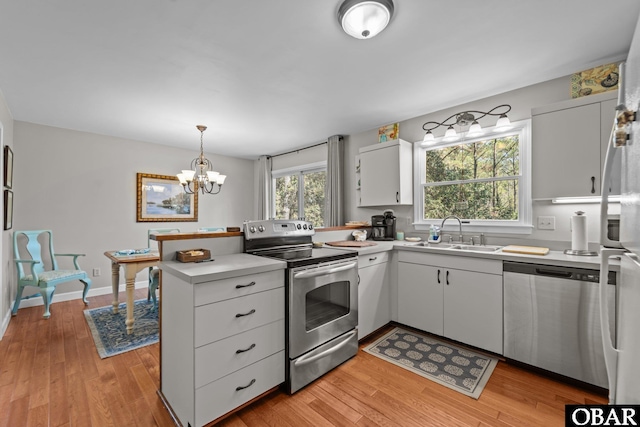 kitchen with a peninsula, a sink, stainless steel appliances, light countertops, and white cabinetry