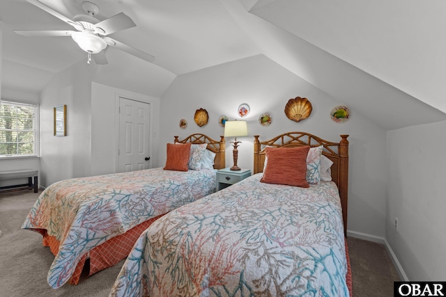 carpeted bedroom with baseboards, lofted ceiling, and ceiling fan