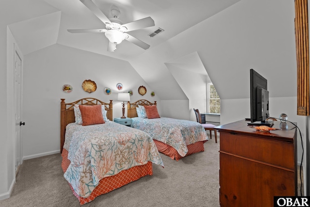 bedroom with baseboards, lofted ceiling, carpet, and ceiling fan