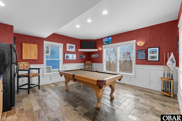 playroom with pool table, wood finished floors, a wainscoted wall, and recessed lighting