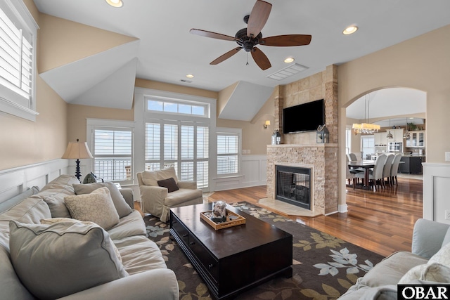 2916 Bay Drive Lots 17&18, Kill Devil Hills, NC 27948 - living room featuring a fireplace, wainscoting, wood finished floors, and visible vents