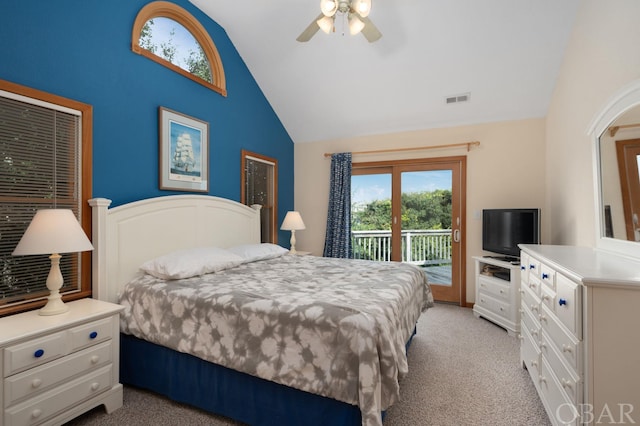 bedroom with light carpet, a ceiling fan, visible vents, vaulted ceiling, and access to exterior