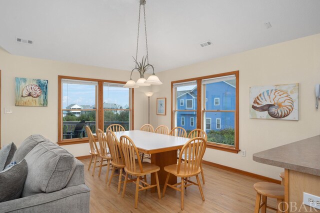 dining room with light wood-style floors, visible vents, and baseboards