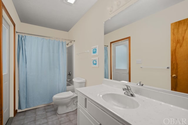 bathroom with tile patterned flooring, toilet, shower / bathtub combination with curtain, and vanity