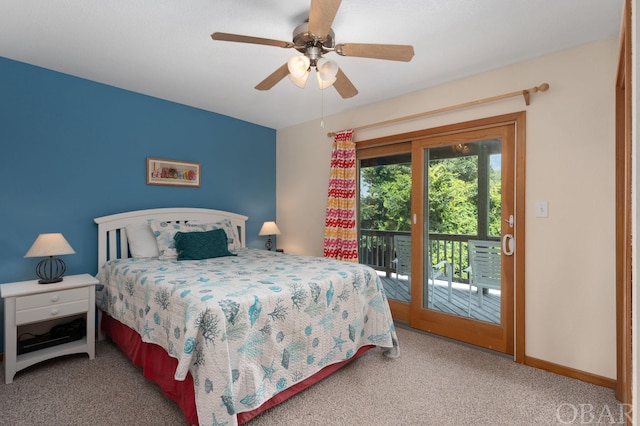 bedroom with baseboards, carpet floors, a ceiling fan, and access to exterior