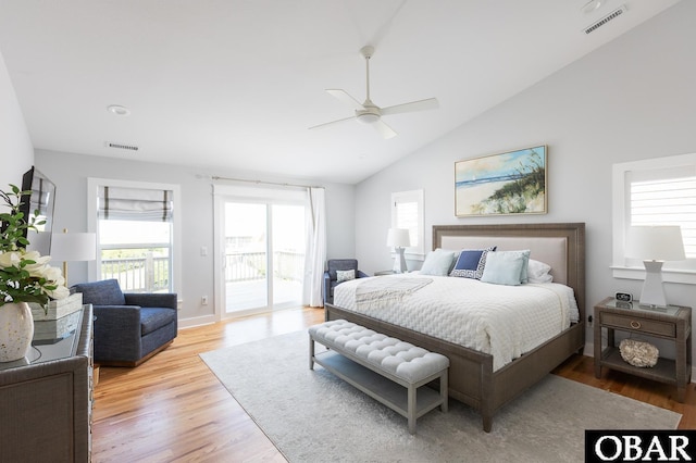 123 Skimmer Way Lot 48, Duck, NC 27949 - bedroom featuring access to exterior, light wood-type flooring, ceiling fan, high vaulted ceiling, and baseboards