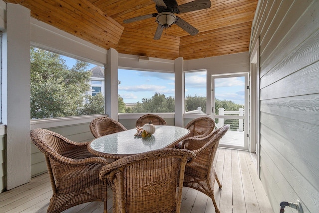 sunroom / solarium featuring lofted ceiling, wood ceiling, and a ceiling fan