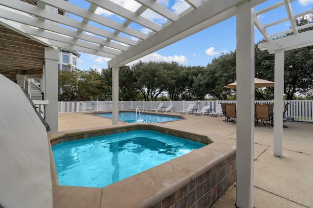 view of pool featuring a fenced backyard, a pergola, and a patio