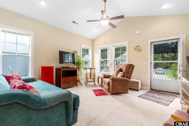 715 Arvilla Ln Lot 4, Manteo, NC 27954 - living room featuring ceiling fan, carpet floors, and high vaulted ceiling