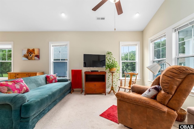 715 Arvilla Ln Lot 4, Manteo, NC 27954 - living room featuring light carpet, ceiling fan, vaulted ceiling, and recessed lighting