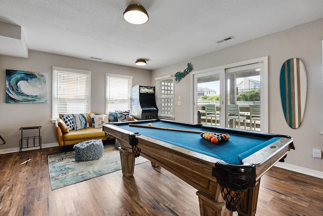 playroom featuring visible vents, pool table, baseboards, and wood finished floors