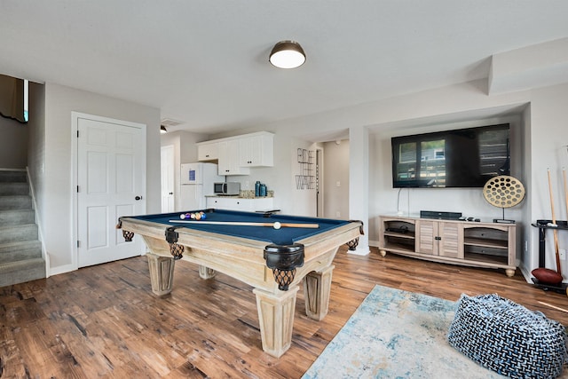 playroom with pool table, baseboards, and wood finished floors