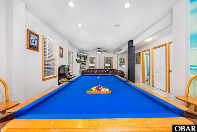 game room featuring a ceiling fan and recessed lighting