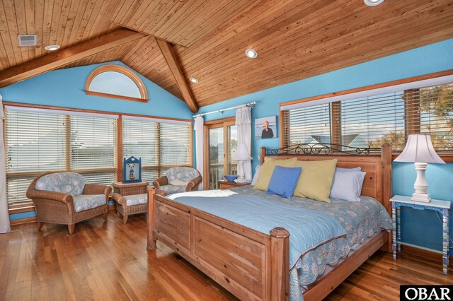 bedroom with recessed lighting, beamed ceiling, wood-type flooring, and wooden ceiling