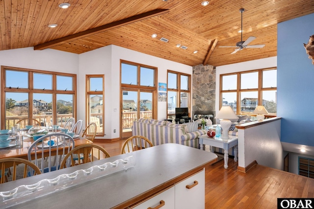 kitchen with white cabinets, wooden ceiling, and hardwood / wood-style flooring