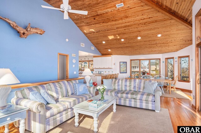 living area with wooden ceiling, light wood-style floors, visible vents, and high vaulted ceiling