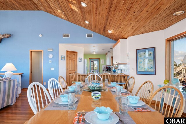 dining area featuring wooden ceiling, recessed lighting, wood finished floors, and visible vents