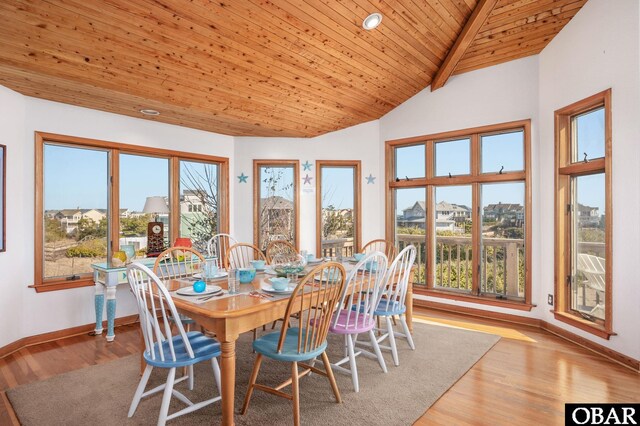 dining room featuring lofted ceiling with beams, a wealth of natural light, wood ceiling, and wood finished floors