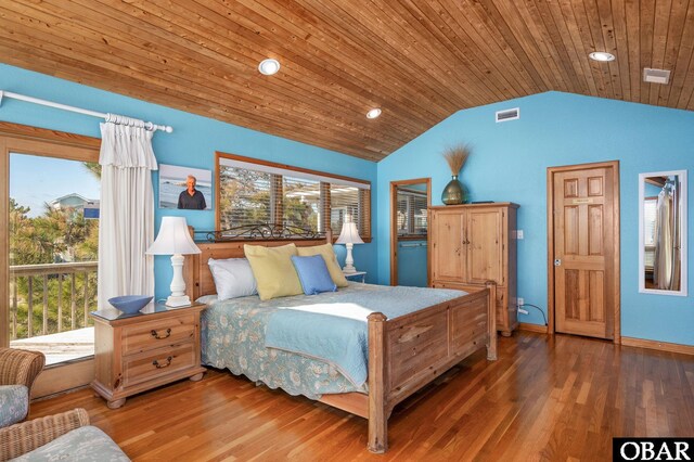 bedroom featuring visible vents, wood ceiling, wood finished floors, and vaulted ceiling