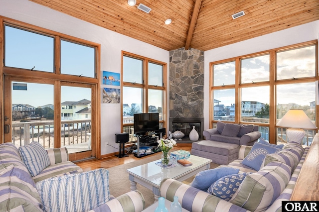 living room with wood finished floors, visible vents, high vaulted ceiling, wood ceiling, and beamed ceiling