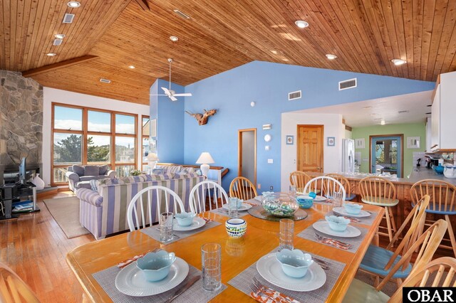 dining area featuring visible vents, wood-type flooring, high vaulted ceiling, and wooden ceiling