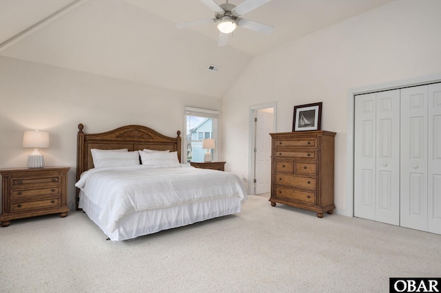 716 Moongate Ln Lot 51, Corolla, NC 27927 - bedroom featuring light colored carpet, a closet, a ceiling fan, and high vaulted ceiling