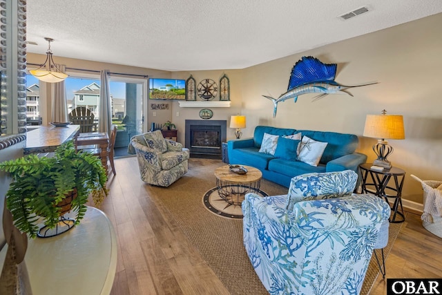 612 Pirates Way Unit # 612B, Manteo, NC 27954 - living room with hardwood / wood-style flooring, a fireplace, and a textured ceiling