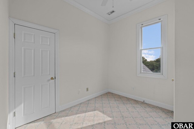 50336 Great Ridge Rd, Frisco, NC 27936 - empty room with ornamental molding, visible vents, baseboards, and a ceiling fan
