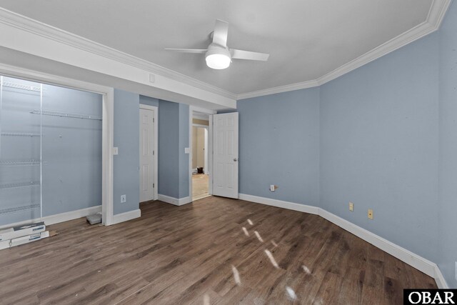 50336 Great Ridge Rd, Frisco, NC 27936 - unfurnished bedroom featuring ornamental molding, dark wood-style flooring, baseboards, and a ceiling fan