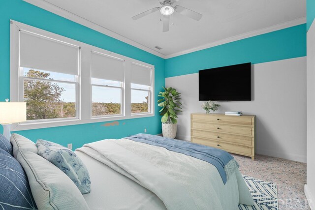 50336 Great Ridge Rd, Frisco, NC 27936 - bedroom with baseboards, visible vents, ornamental molding, and a ceiling fan