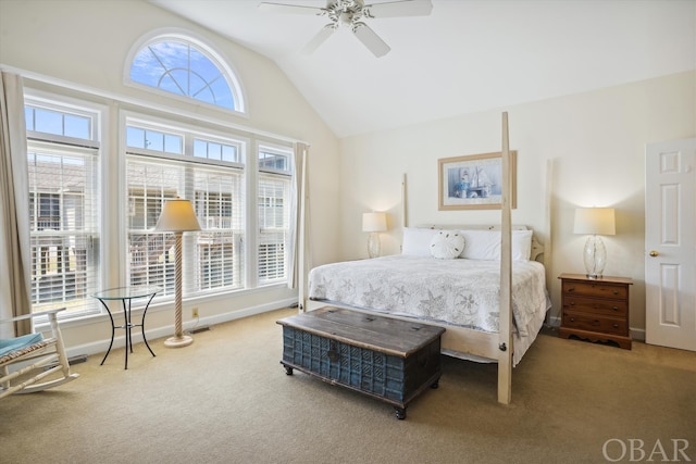 bedroom featuring vaulted ceiling, carpet, a ceiling fan, and baseboards