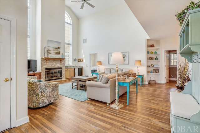 living room with plenty of natural light, light wood-type flooring, and a fireplace