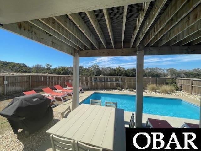 view of swimming pool featuring a fenced backyard, a patio, a fenced in pool, and area for grilling