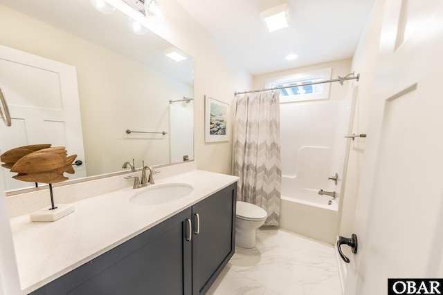 full bath featuring shower / bathtub combination with curtain, marble finish floor, vanity, and toilet