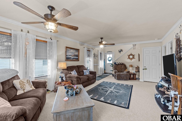 living area with ceiling fan, carpet floors, and ornamental molding