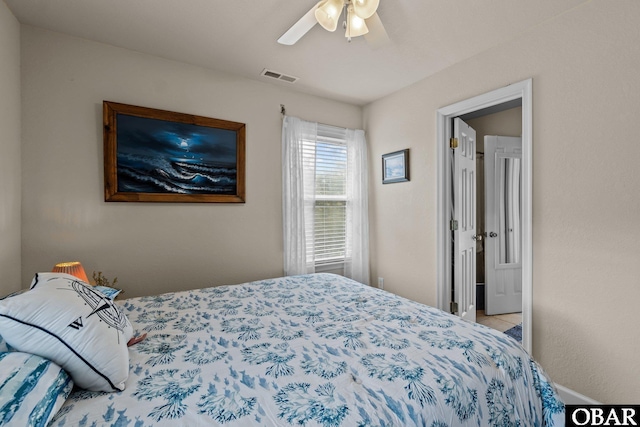 bedroom with visible vents and ceiling fan