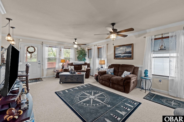 living area with ornamental molding, carpet, and baseboards