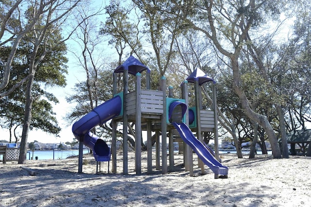 community jungle gym with a water view