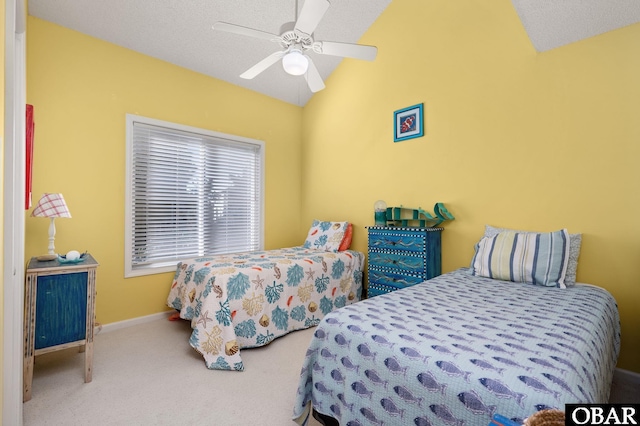 bedroom featuring lofted ceiling, ceiling fan, carpet, and baseboards