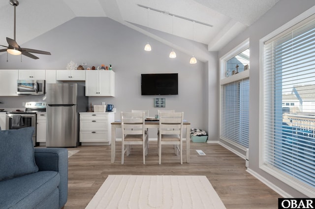 interior space featuring lofted ceiling, light wood finished floors, a ceiling fan, and baseboards