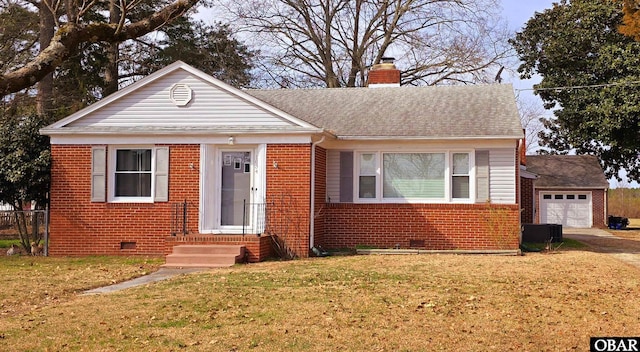 bungalow-style house featuring a garage, brick siding, a chimney, crawl space, and a front yard