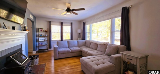 1034 N NC Highway 37, Gates, NC 27937 - living area with a ceiling fan, wood finished floors, and a fireplace