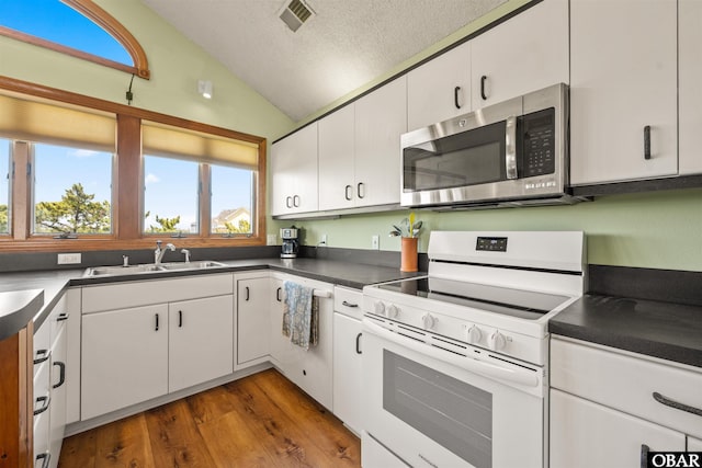 103 E Sea Spray Ct Lot 27, Nags Head, NC 27959 - kitchen with a sink, lofted ceiling, dark countertops, stainless steel microwave, and electric stove