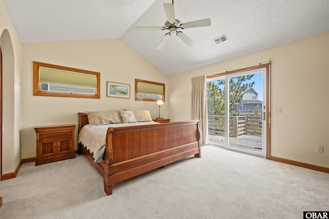 bedroom featuring baseboards, carpet, access to exterior, and visible vents