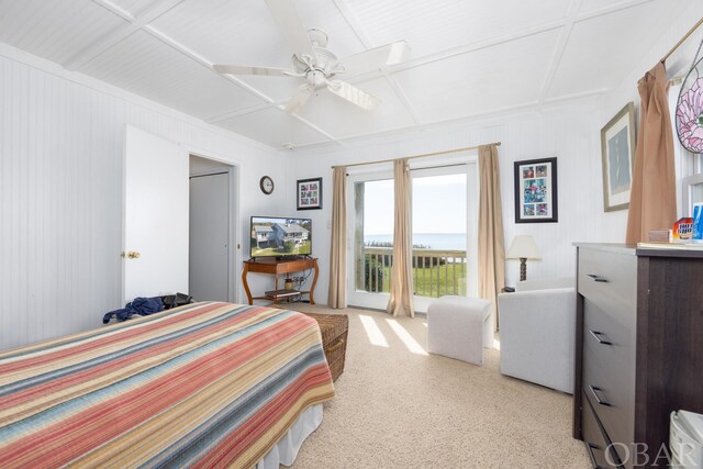 bedroom featuring access to exterior, ceiling fan, coffered ceiling, and light colored carpet