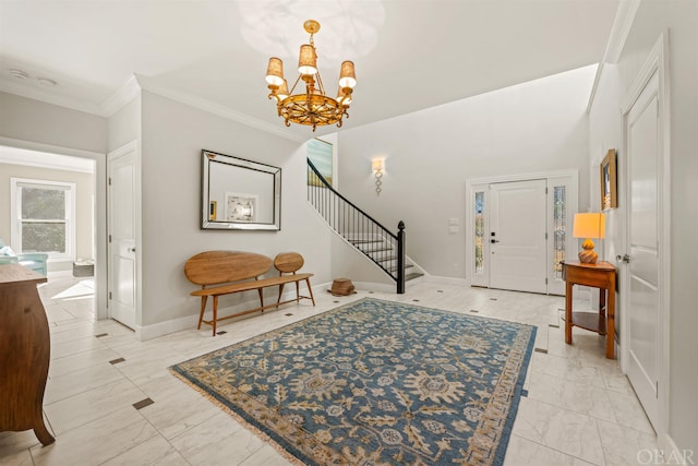 entrance foyer featuring marble finish floor, baseboards, stairs, and ornamental molding