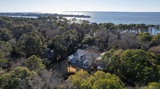 birds eye view of property featuring a water view and a forest view